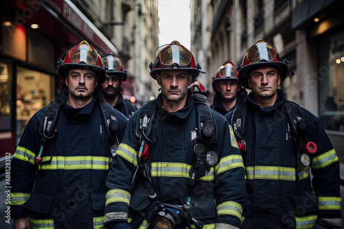 Portrait of group firefighters standing wearing their gear in the city