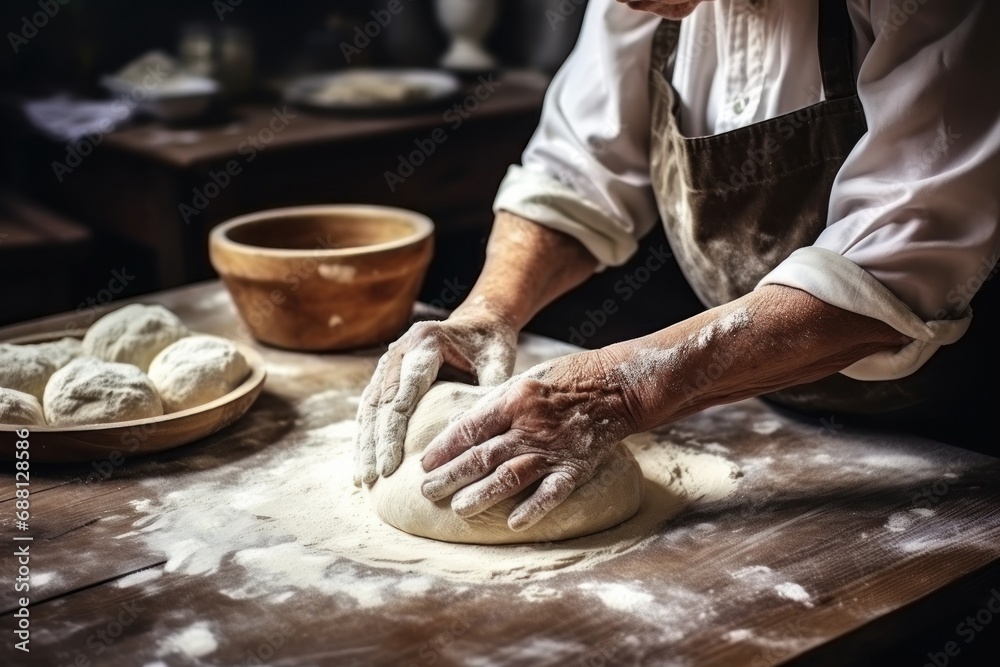 Close-up view of a male hands kneading dough on a board sprinkled with flour.