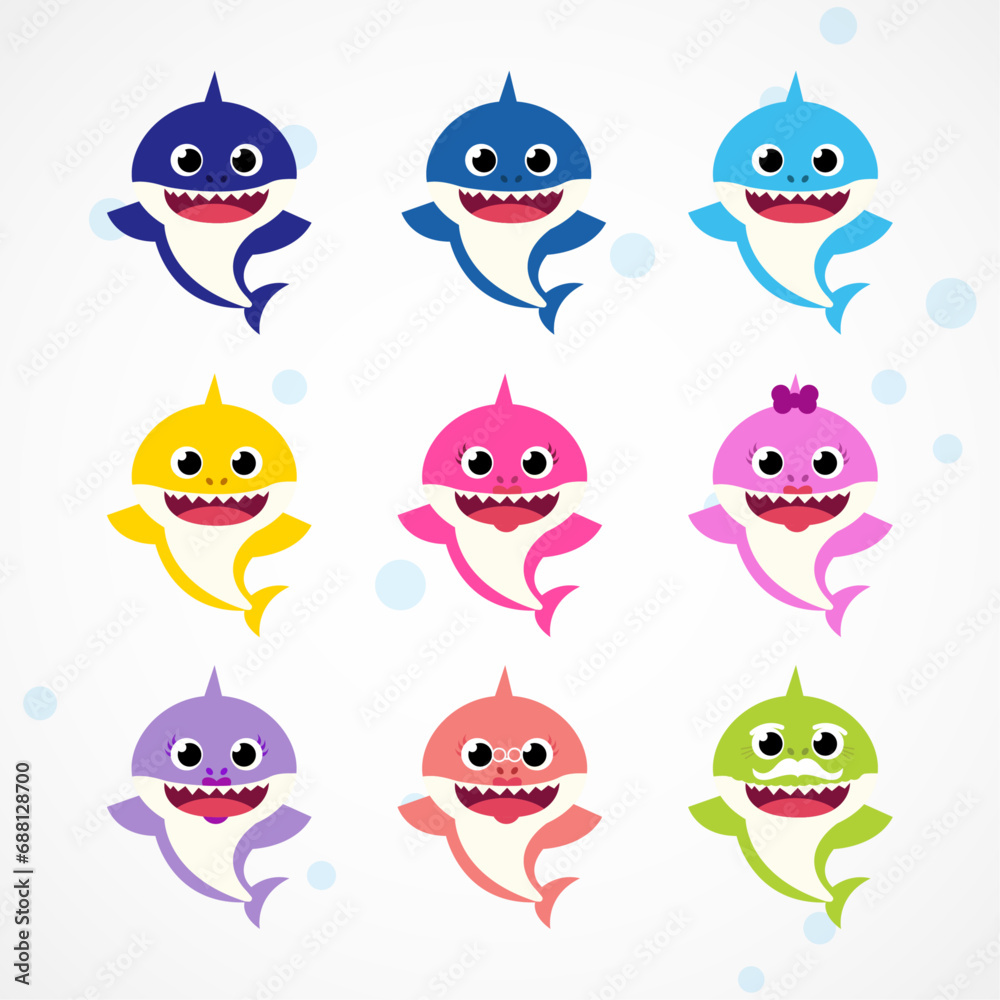 Set cartoon shark family collection vector. Baby shark family vector set. Baby shark icon. Set cartoon shark family collection vector. Baby shark family vector set. Baby shark icon.