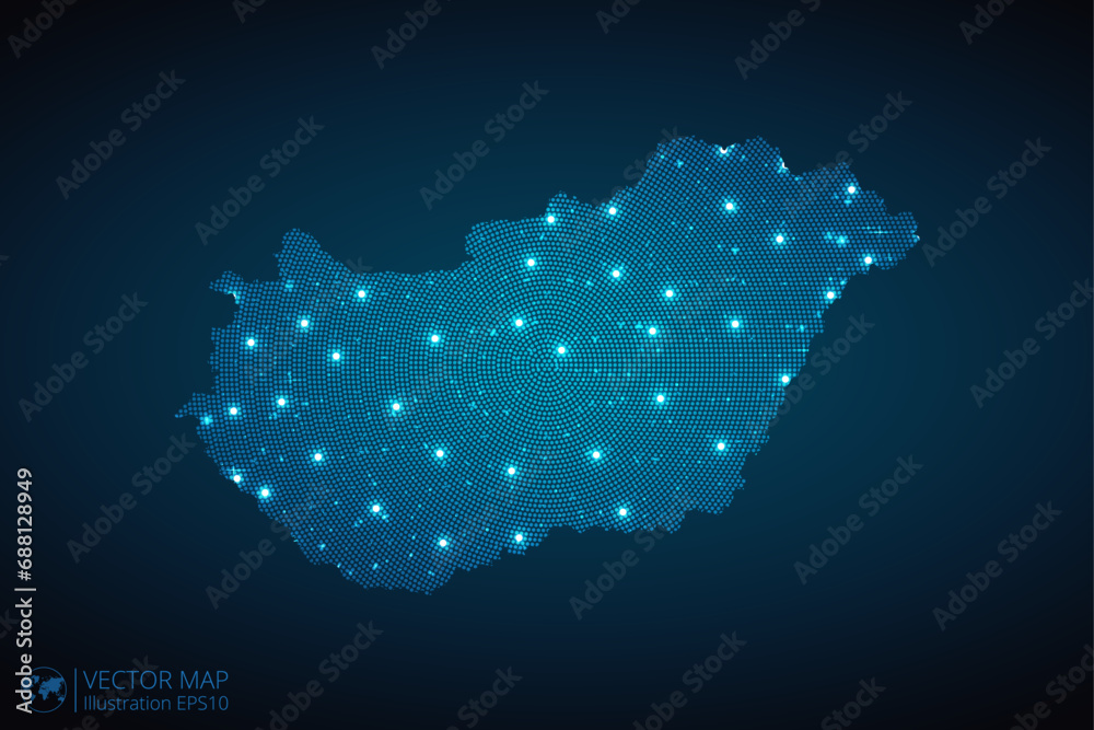 Hungary map radial dotted pattern in futuristic style, design blue circle glowing outline made of stars. concept of communication on dark blue background. Vector illustration EPS10