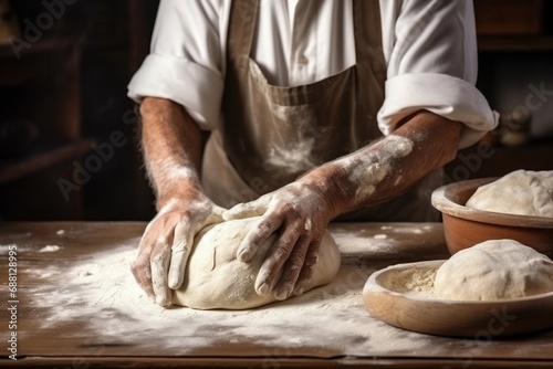 Close-up view of a male hands kneading dough on a board sprinkled with flour.