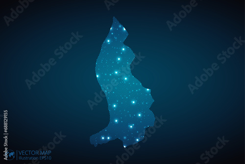 Liechtenstein map radial dotted pattern in futuristic style, design blue circle glowing outline made of stars. concept of communication on dark blue background. Vector illustration EPS10