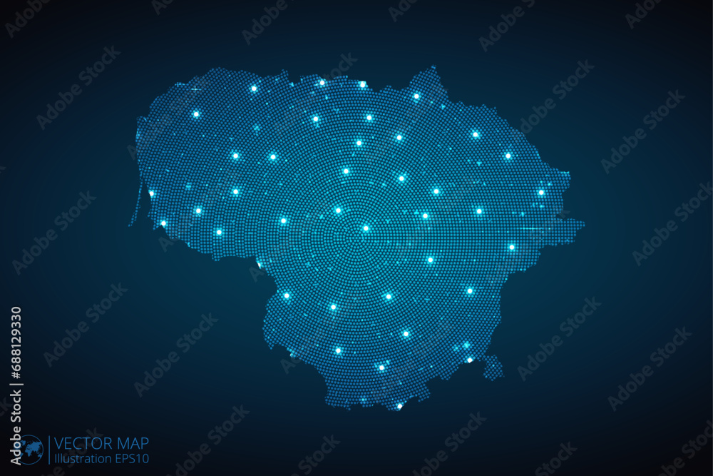 Lithuania map radial dotted pattern in futuristic style, design blue circle glowing outline made of stars. concept of communication on dark blue background. Vector illustration EPS10