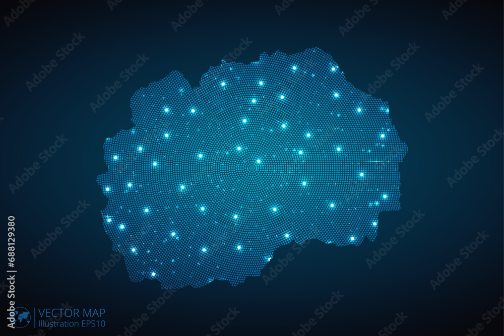 North Macedonia map radial dotted pattern in futuristic style, design blue circle glowing outline made of stars. concept of communication on dark blue background. Vector illustration EPS10