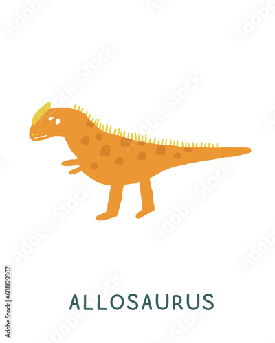 Jurassic period dinosaur flashcard. Learning English words for kids. Cute hand drawn doodle educational card with Allosaurus dino. Preschool learning material. Funny extinct animal card for print