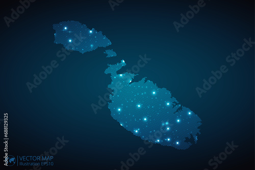 Malta map radial dotted pattern in futuristic style, design blue circle glowing outline made of stars. concept of communication on dark blue background. Vector illustration EPS10