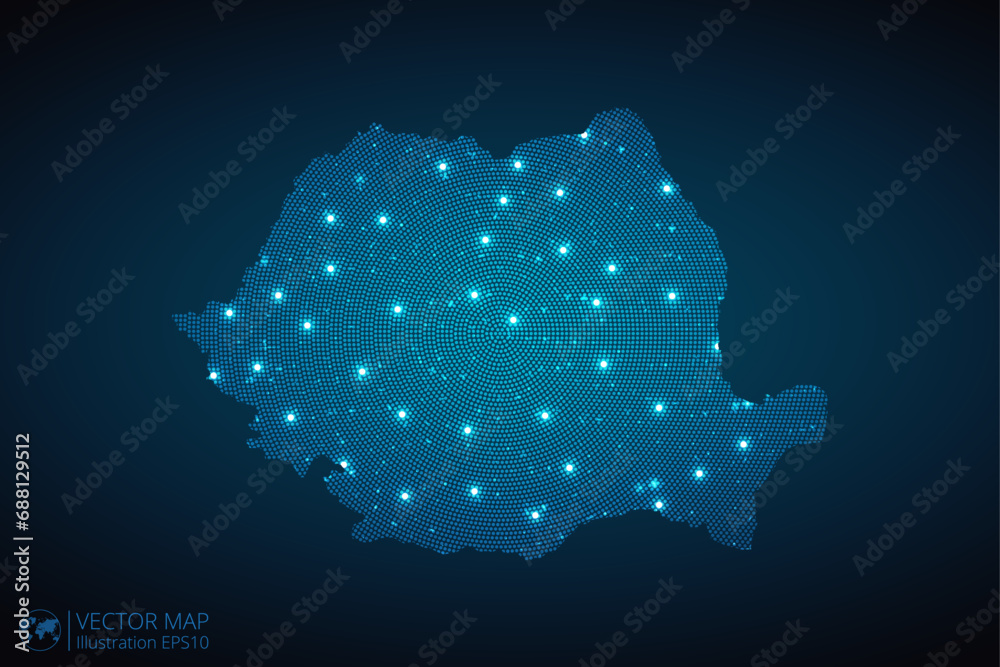 Romania map radial dotted pattern in futuristic style, design blue circle glowing outline made of stars. concept of communication on dark blue background. Vector illustration EPS10