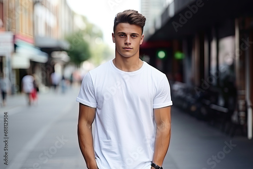 a model in white T shirt with street background © Kien