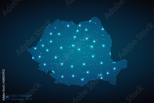 Romania map radial dotted pattern in futuristic style, design blue circle glowing outline made of stars. concept of communication on dark blue background. Vector illustration EPS10