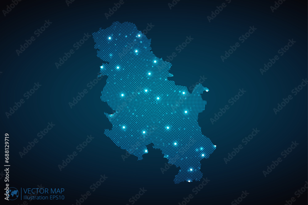 Obraz premium Serbia map radial dotted pattern in futuristic style, design blue circle glowing outline made of stars. concept of communication on dark blue background. Vector illustration EPS10