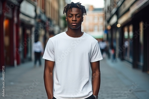 a model in white T shirt with street background