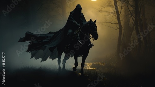 mythical fantasy character riding on a horse in the darkness, no face or hiding face under hoodie, digital art