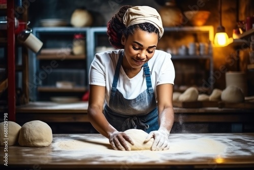 African American woman kneading dough on a board sprinkled with flour. A woman prepares bread from natural products in a village kitchen.