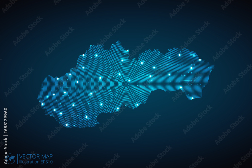 Slovakia map radial dotted pattern in futuristic style, design blue circle glowing outline made of stars. concept of communication on dark blue background. Vector illustration EPS10