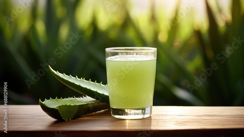 aloe vera juice glass placed on a table with alovera sticks beside, herbal and healthy lifestyle photo