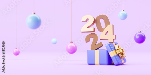 Open gift box and golden text 2024 flying out of it. Colored christmas balls. Concept of new year 2024. Greeting card. 3d rendering
