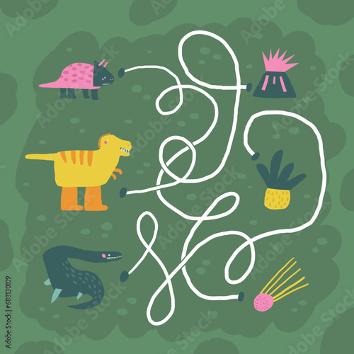 Cute dinosaur doodle maze with dinos, plants. Jurassic era puzzle for kids, children. Funny cartoon style labyrinth with adorable characters