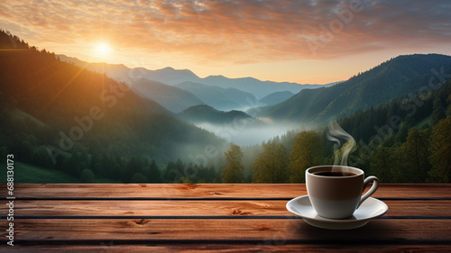 coffee mug on the wooden background with beautiful sunset and mountain view