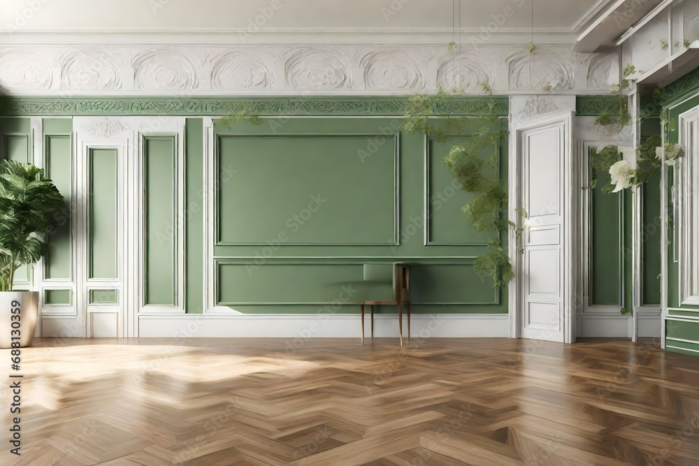 A modern classic green empty interior featuring intricate wall panels and a polished wooden floor.  - obrazy, fototapety, plakaty 