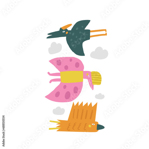 Cute sky pterodactyl dinosaur postcard with funny hand drawn doodle flying dino, plants. Jurassic era cover, template, banner, poster, print. Extinct animal background for kids