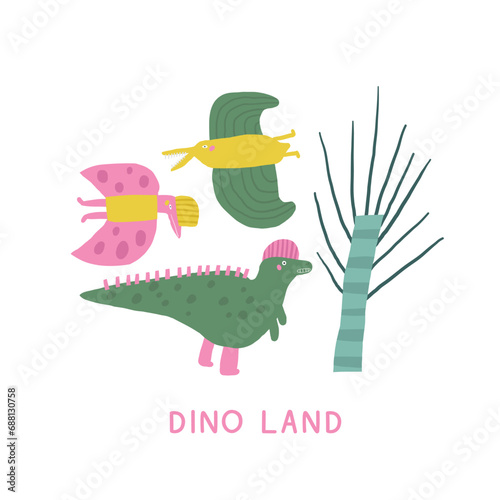 Cute sky dinosaur postcard with funny hand drawn doodle flying dino  palm  pterodactyl. Jurassic era cover  template  banner  poster  print. Extinct animal background for kids