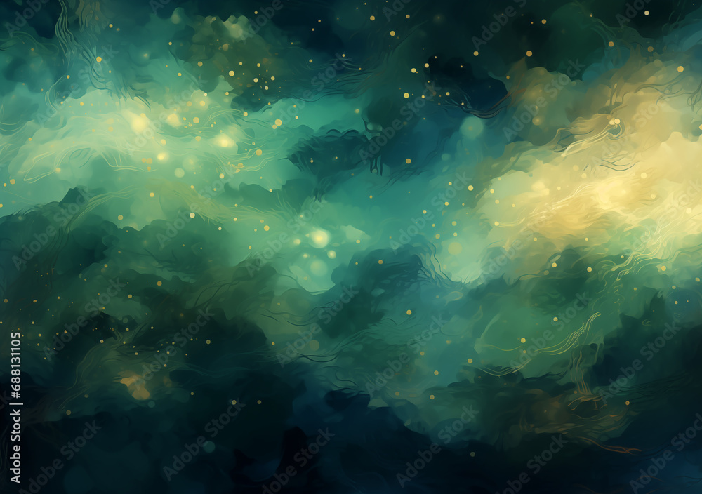 Obraz premium Abstract 3d banner of watercolor paint splashes and sparkles of green, emerald and gold colors. Liquid textured backdrop. Banner of floating liquid ink in the trend colors with copy space.