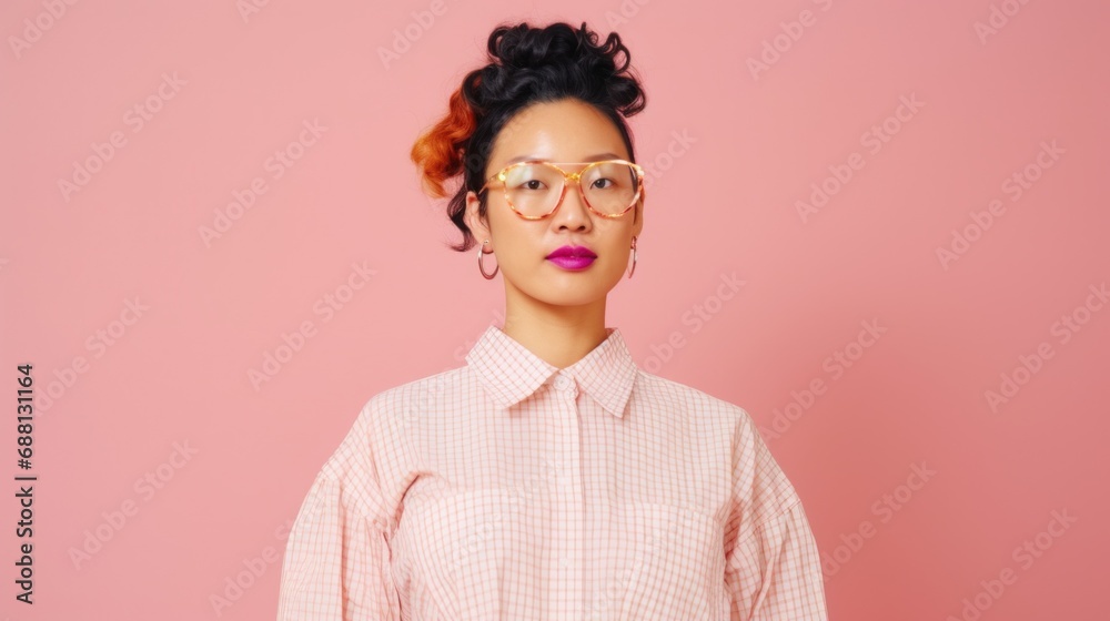 Obraz premium Modern fashion look against a pink studio backdrop