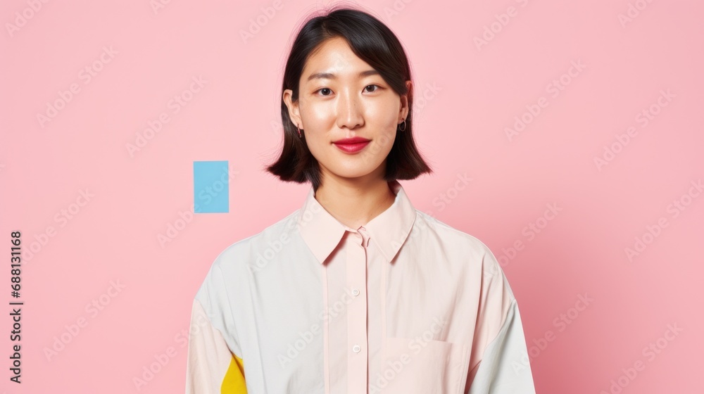 A stylish young Asian woman captures attention with her diverse hairstyles, flawless makeup, and trendy wardrobe against a light beige pink studio setting. A stylish young Asian woman captures attention with her diverse hairstyles, flawless makeup, and trendy wardrobe against a light beige pink studio setting.