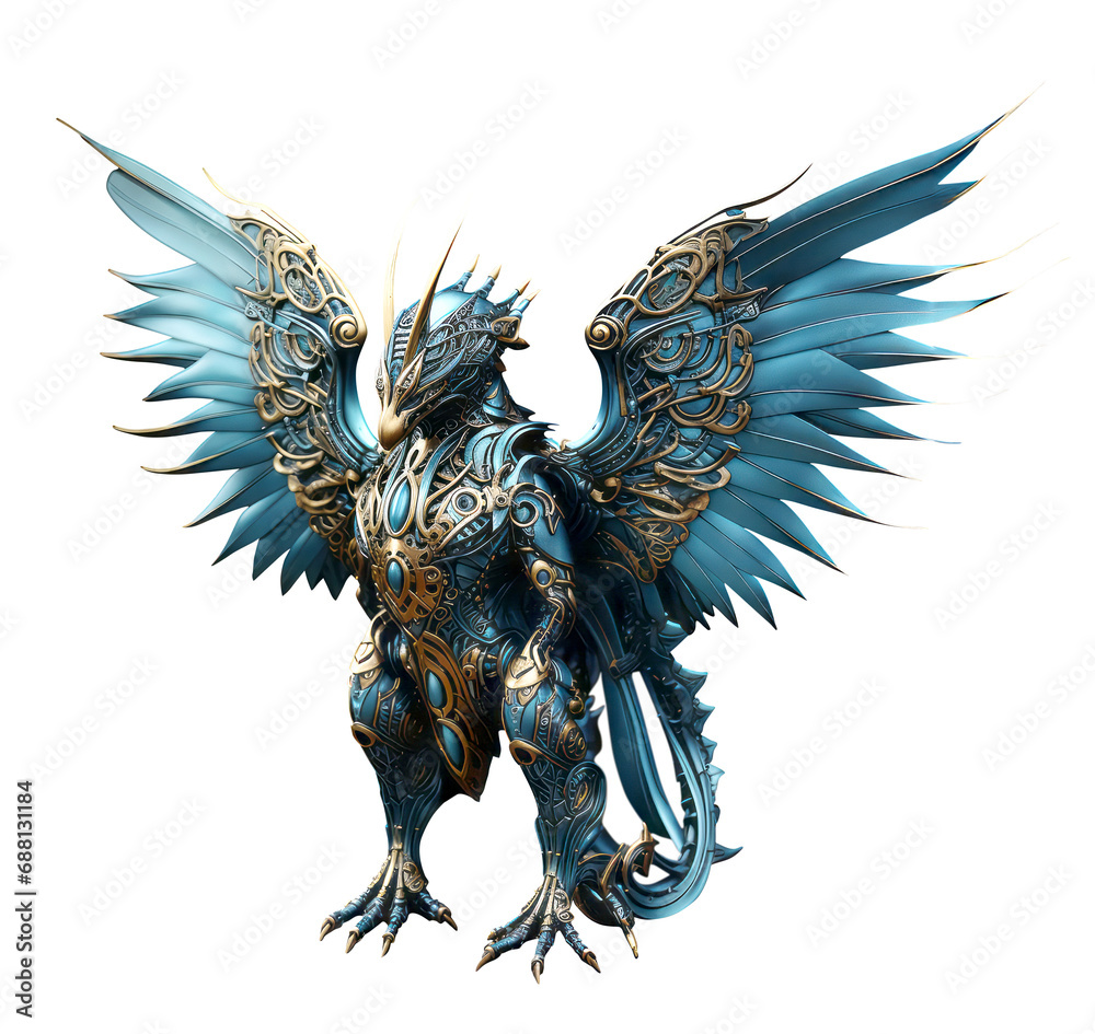 Fantasy bird or phoenix, griffin of gold emerald azure, cyberpunk, fantastic, png, artifact. Isolated on transparency. Fantasy bird or phoenix, griffin of gold emerald azure, cyberpunk, fantastic, png, artifact. Isolated on transparency.