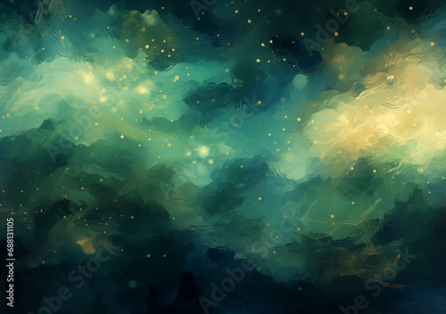 Wallpaper Mural Abstract 3d banner of watercolor paint splashes and sparkles of green, emerald and gold colors. Liquid textured backdrop. Banner of floating liquid ink in the trend colors with copy space. Torontodigital.ca