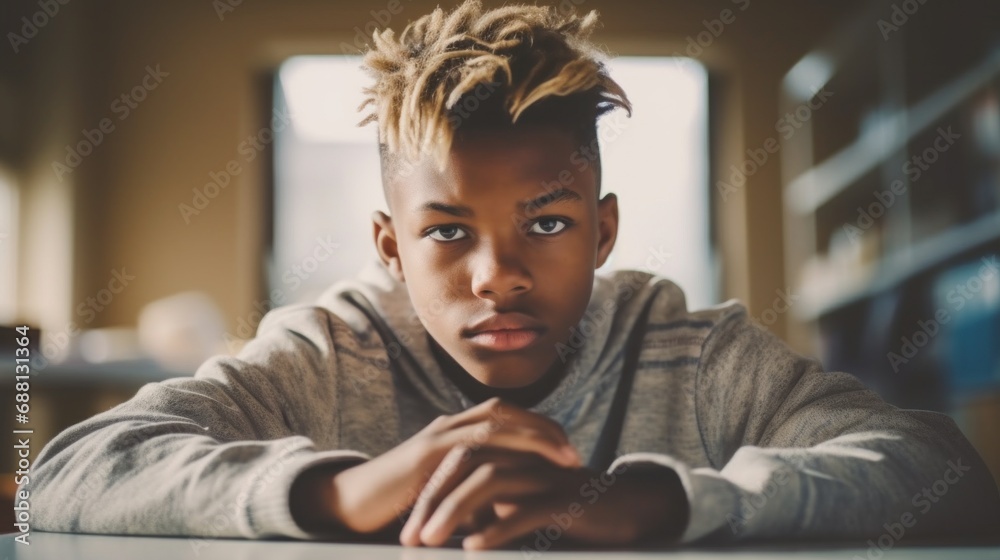 Φωτογραφία A pensive atmosphere surrounds a teen boy sitting by himself in a classroom, his eyes conveying a profound sadness