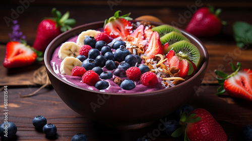 fresh fruit bowl with yogurt and granola on wooden background