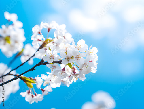 Branches of blossoming apricot macro with soft focus on gentle light blue sky background with copy space