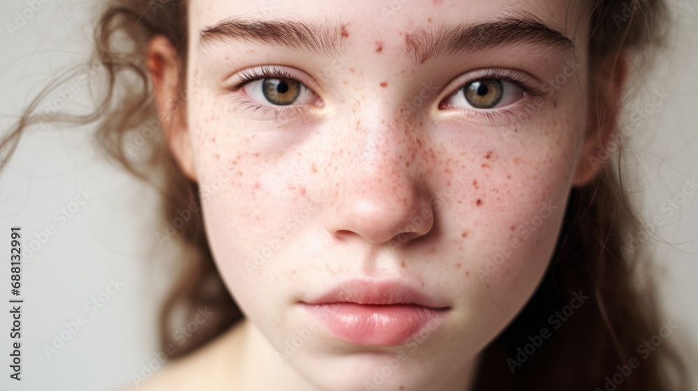 Flawed skin portrayed in a closeup of a teen girl against a light background. Flawed skin portrayed in a closeup of a teen girl against a light background.