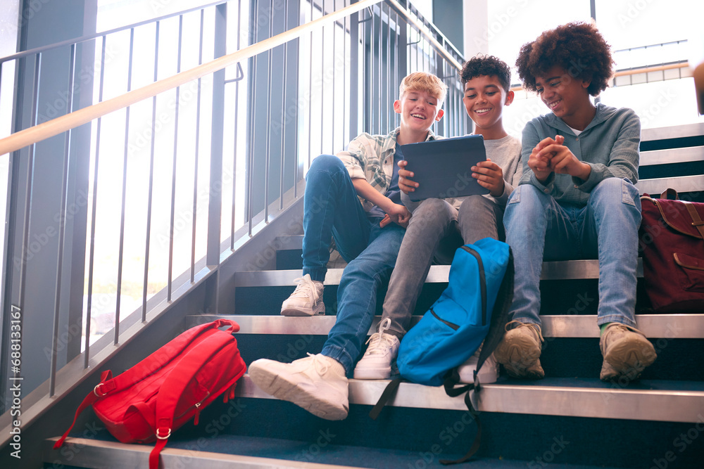 Three Male Secondary Or High School Pupils Inside School Building On Stairs With Digital Tablet - obrazy, fototapety, plakaty 