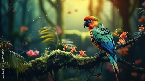 Horizontal AI illustration. Colorful tropical parrot perched on a branch. Concept animals, nature. © Ametz