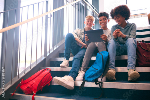 Three Male Secondary Or High School Pupils Inside School Building On Stairs With Digital Tablet photo