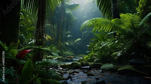 Illustration AI horizontal. Lush tropical rainforest. Concept landscape, nature.