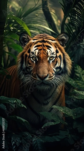 Vertical AI illustration. Tiger in the rainforest. Concept animals, nature.
