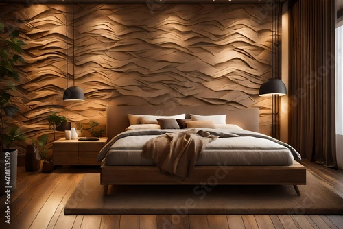 A cozy bedroom featuring a textured accent wall in earthy tones  complemented by warm ambient lighting