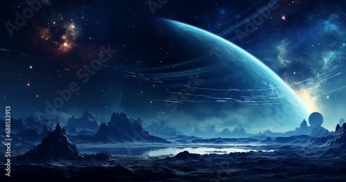 Alien landscape with a satellite planet hanging low over the horizon