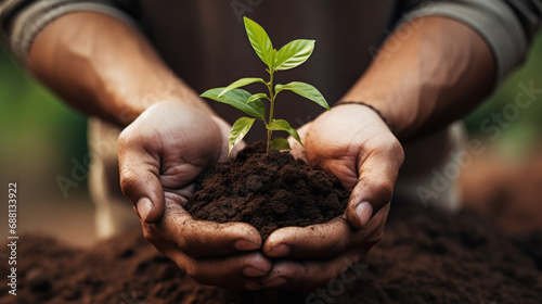 Hands holding a small amount of soil with a young plant sprouting from the center, symbolizing growth and care for the environment.