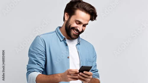 Bearded man in a blue shirt smiling while looking at and interacting with a smartphone in his hand. © Alena