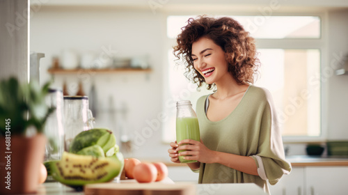 Woman in a modern kitchen preparing a smoothie , surrounded by fresh fruits and vegetables on the countertop.