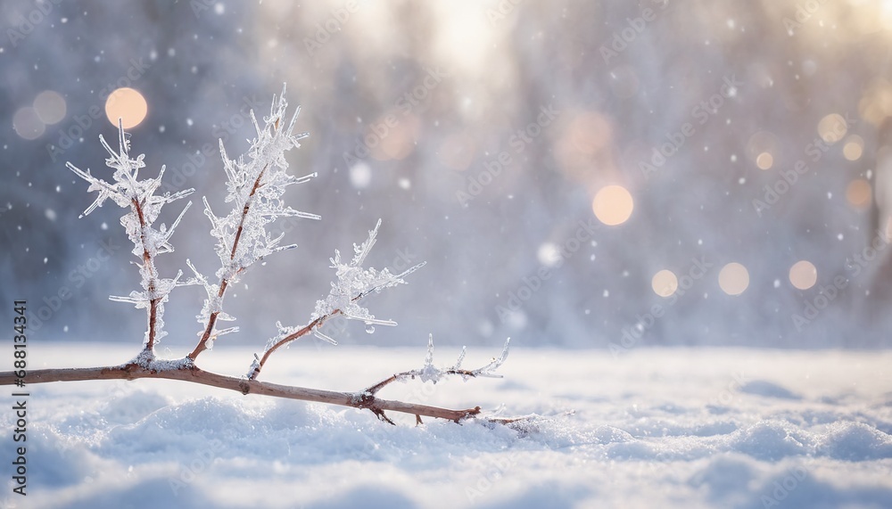 Obraz premium Winter background with snow-covered branch of a tree in the snow
