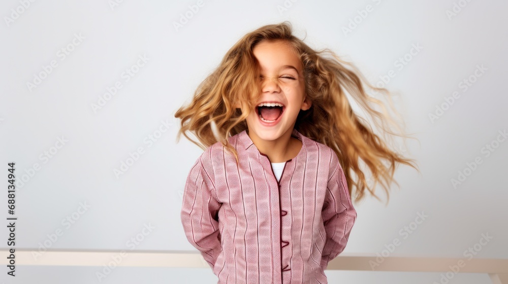 The little girl in stylish sleep attire beams with joy against a clear pastel-lit studio backdrop. The little girl in stylish sleep attire beams with joy against a clear pastel-lit studio backdrop.