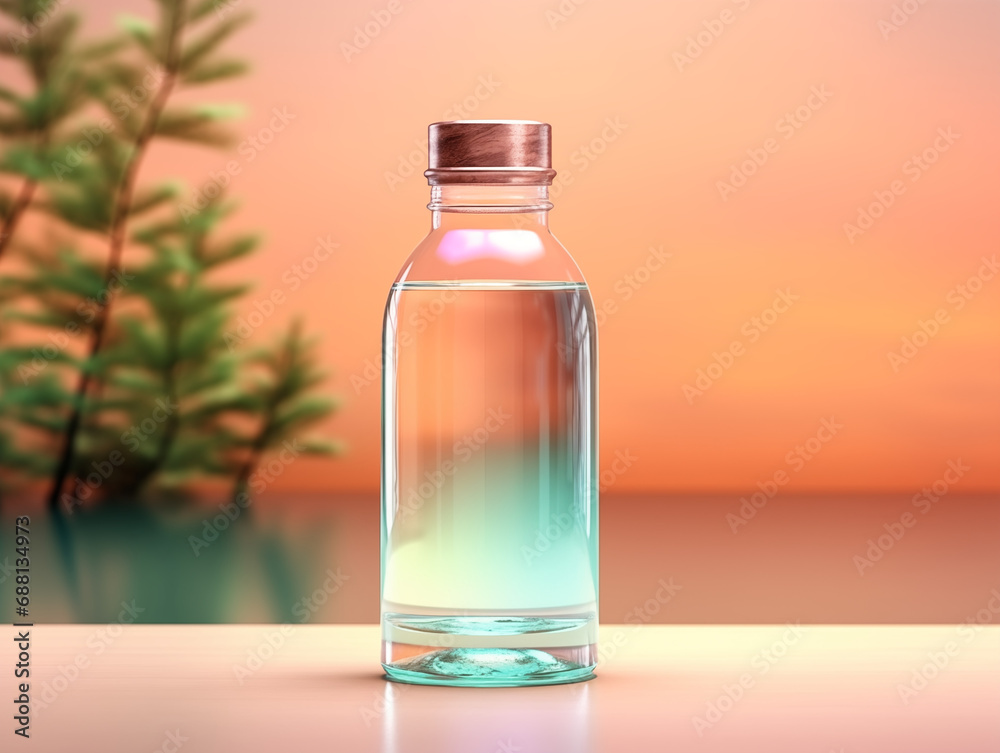 Model of empty thermos container for hot drinks; sample of blank eco-friendly glass bottle for infusion; mockup of flask for product advertising. template isolated on green leaves background Model of empty thermos container for hot drinks; sample of blank eco-friendly glass bottle for infusion; mockup of flask for product advertising. template isolated on green leaves background