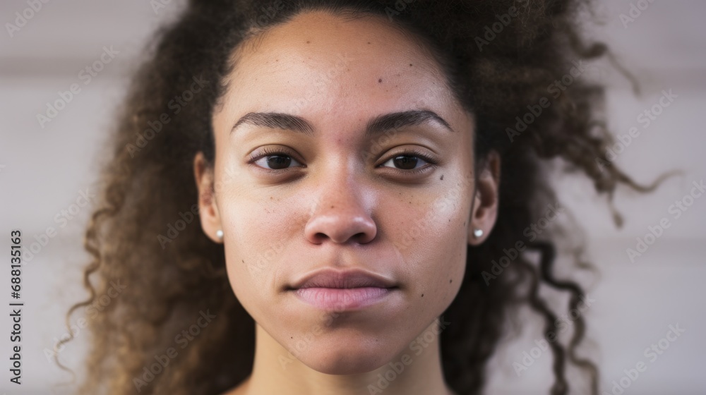 A real woman with diverse skin tones looks into the camera against a beige studio backdrop. A real woman with diverse skin tones looks into the camera against a beige studio backdrop.