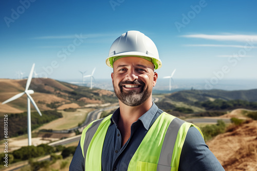 Un technicien ou chef de chantier tout sourire sur un site éolien dans la campagne en Europe