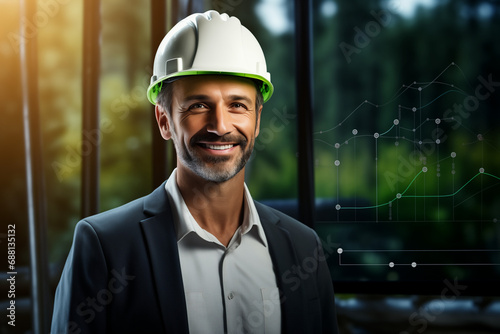 Homme en costume portant un casque de chantier devant un paysage forestier et un graphique complexe